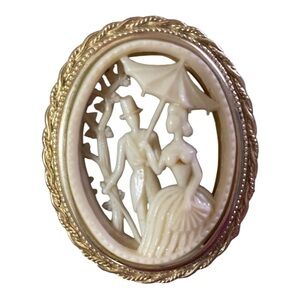 Vintage CORO Courting Couple w/Parasol Carved Celluloid Brooch, Signed